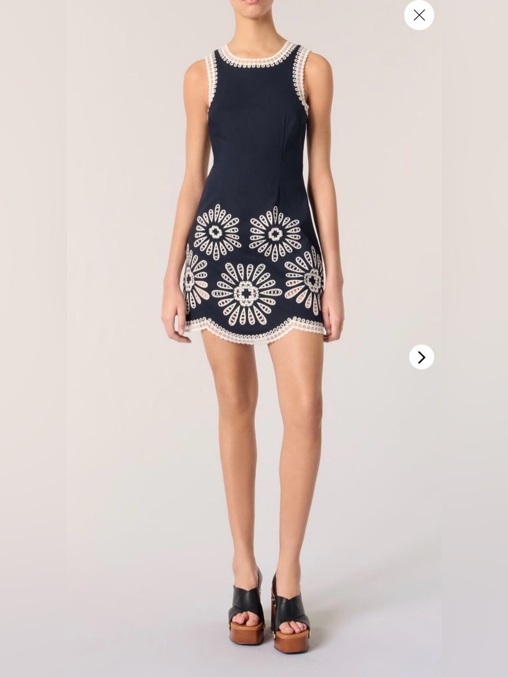 Maje Mini Dress with Crochet Details Navy Floral Appliqué Shift Size 38